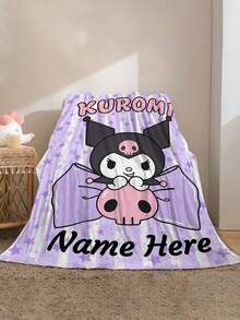 SANRIO 1pc Kuromi Themed Flannel Blanket, Customizable Name - Purple Star Striped Background With Kuromi's Classic Black And Purple Colorway - Suitable For All Seasons, Soft, Lightweight, Warm, Suitable For Sofa, Bed, Outdoor - Perfect Birthday And Holiday Gift For Family And Friends - 彩色 - 查看 2