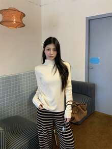 百搭纽扣设计高领长袖针织上衣，春季 - 杏色 - 查看 3