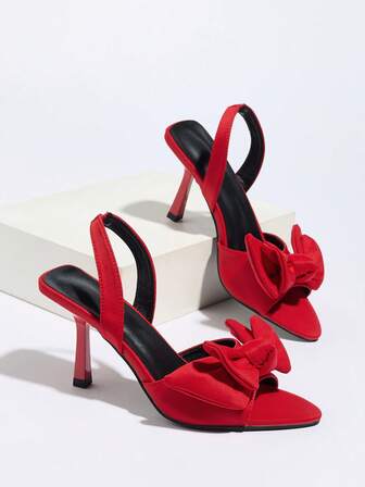 女士尖头缎面高跟凉鞋，蝴蝶结装饰，松紧踝带，适合派对、日常穿着、婚礼、聚会、休闲度假、优雅通勤、夏季时尚，红色