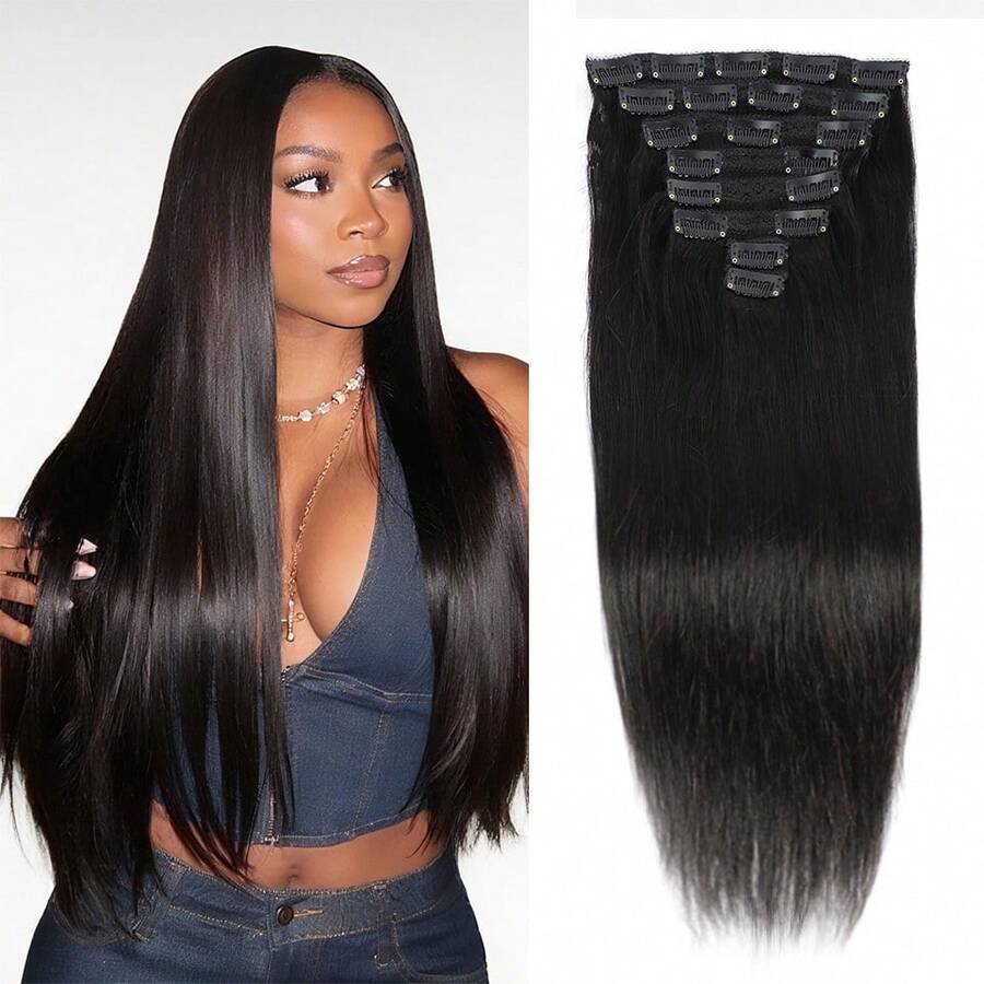 BINF Silky Straight Seamless Clip In Human Hair Extensions, 8Pcs/Set, Brazilian Virgin Remy Hair, Double Invisible Soft Weft, Real Natural Black Hair. Suitable For Christmas Church Service, Parent-Child Outfit, Flash Mob, New Year Corporate Gala - Straight Hair Clip Extension - 查看 1