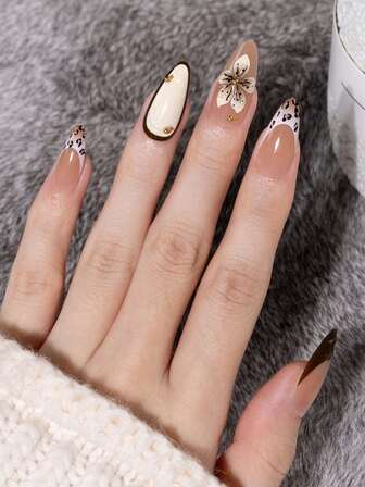 24 pezzi Unghie finte con decorazione floreale 3D, unghie finte francesi con stampa leopardata a forma di mandorla corta. Set per manicure incluso 1 foglio di adesivi e 1 lima mini, perfetto per uso quotidiano