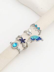 4pcs/Set Elegant Personalized Cool Drip Oil Butterfly Rings, Faux Gemstone Studded Tiny Flower & Butterfly Layered Rings Set For Women
