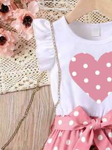 Bộ đồ mùa hè cho bé gái, kiểu dáng thường ngày, họa tiết chấm bi và trái tim, gồm áo tay bèo nhún và chân váy thắt eo. - Hồng - Xem 3