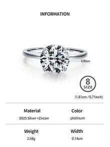 1枚925纯银奢华闪亮圆形立方氧化锆戒指，可选1克拉、2克拉或3克拉，女士结婚订婚礼物，新娘首饰