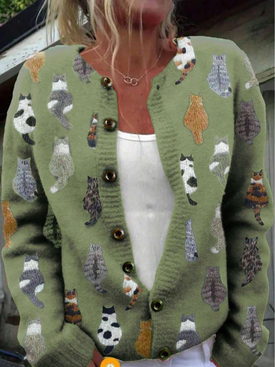 罗纹针织开衫毛衣，优雅长袖上衣，猫咪印花图案，宽松休闲时尚，舒适的秋冬服装，适合圣诞节和感恩节穿着。 - 綠色 - 查看 1