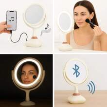 COMERLIV Espejo  con Luz LED Aumento 5X y Bocina Bluetooth - Vanity Mirror Redondo Recargable con Carga USB y Luz Blanca Doble Anillo para Tocador o Baño Portátil y Elegante Color Blanco - Blanco - Ver 5