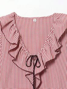 Blusa casual colegial con mangas largas, volantes/flecos y lazo delantero a cuadros para mujer - Rojo - Ver 5