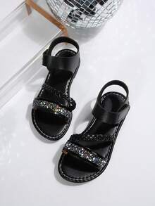 Kids Black Woven Sandals, Summer Open Toe Hook And Loop Closure, Girls Soft Bottom Casual School Shoes - Black - View 3