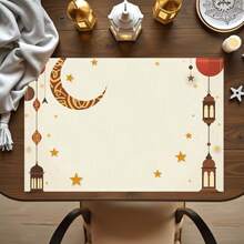 Jogo americano com 4 peças com tema de Ramadã, apresentando estampas minimalistas de lua crescente e lanterna com detalhes de estrelas, ideais para encontros, refeições e decoração de festas. Tamanho: 30x45cm. Perfeito para decoração de casa, decoração de mesa de festas, decoração de estilo campestre, decoração rústica, material lavável e durável. - Multicolorido - Ver 7