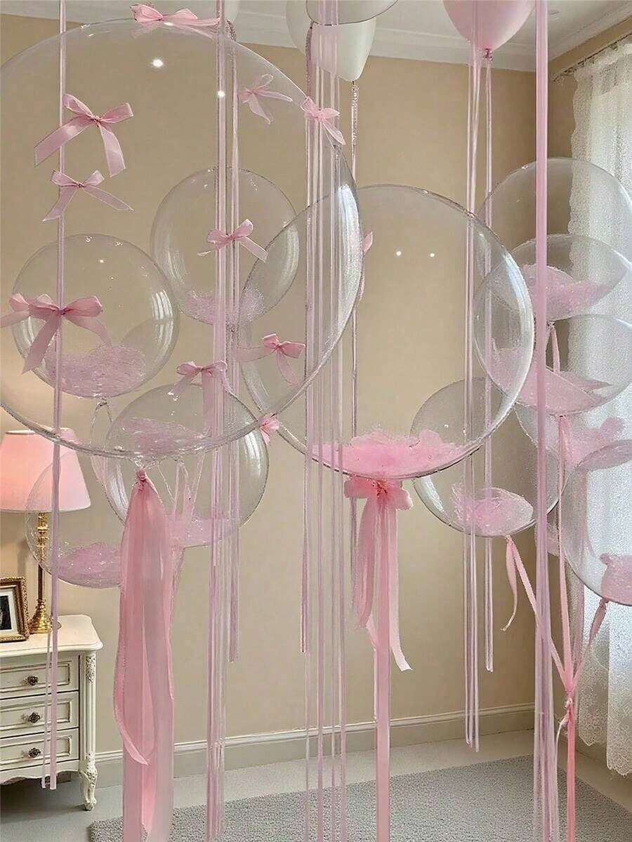 82pcs 20-Inch Balloons With Pink Bows And Pink Feather, Suitable For Outdoor Photography, Valentine's Day Decorations, Family Birthday Parties, Weddings - Trong suốt - Xem 1