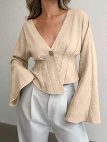 Áo sơ mi nữ dáng suông tay loe bất đối xứng, thanh lịch, thích hợp mặc hàng ngày, đi chơi, đi làm. - Màu Khaki - Xem 3