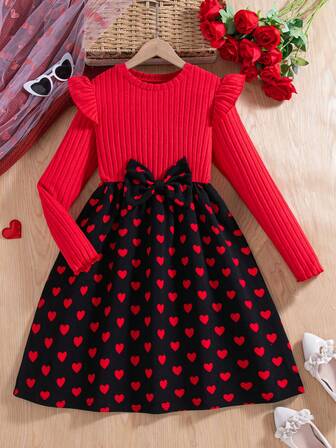 Tween-Mädchen Kleid mit Herz-Muster und Schleifen-Dekor, Rundhals-Ausschnitt, Langarm, für Valentinstag