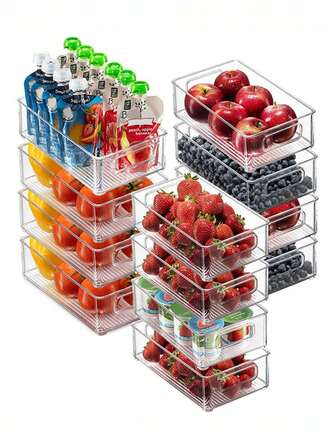 1 pieza/2 piezas Caja de almacenamiento de alimentos de plástico transparente, caja de almacenamiento de refrigerador de cocina, almacenamiento de alimentos, caja de clasificación de frutas, verduras, bebidas y aperitivos, apilable con asa, adecuada para cocina, almacenamiento en el hogar, utensilios de cocina, suministros de almacenamiento de cocina, cajas de almacenamiento de alimentos