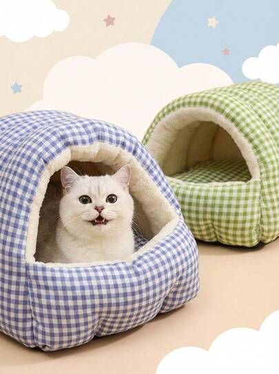 PETSIN 舒适冬季格子宠物洞穴床 - 可拆卸多功能保暖猫狗窝，蓝绿格子