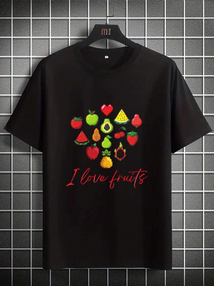 Camicia casual nera a maniche corte da uomo con la scritta "Amo la frutta" - Camicia estiva girocollo. Vestibilità regular. Tessuto leggero in poliestere. Per uso casual. Top per amanti della frutta, camicia girocollo, tessuto leggero. - nero - Visualizzare 1