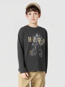 Balabala 2026 春季男童长袖T恤，柔软纯棉打底衫，休闲日常上衣 - 深灰 - 查看 3