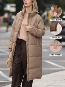 2026 Autumn/Winter Long Stand Collar Cotton-Padded Jacket, Loose Fit, Quilted Warm Outerwear, Smooth Zipper, Side Pockets, Simple Commuter Style Women's Cotton-Padded Jacket - Khaki - View 4
