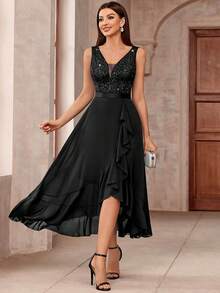 MIUSOL Elegant Women's Sleeveless Deep V-Neck Contrast Sequin Lace Maxi Dress, Bodice A-Line Chiffon Gown With Ruffle High-Low Hem, For Wedding Guest, Prom, Formal Evening Party - màu đen - Xem 3