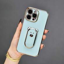 1pc Electroplated Cute Bear Phone Holder, Electroplated Phone Case With Hidden Stand, Shock-Proof Ultra-Thin Protective Cover, Camera Lens Protection, Compatible With IPhone, Redmi Note, Realme, Moto G, Infinix, Spark - Green - View 6