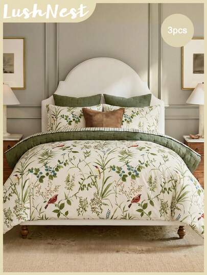 3 piezas Juego de Funda Nórdica de Hojas y Pájaros Estilo Acuarela Verde (1 Funda Nórdica + 2 Fundas de Almohada, No Incluye Edredón), Hecho de Tela de Poliéster de Alta Calidad, Suave y Amigable con la Piel, Adecuado para Dormitorio Principal, Habitación de Invitados y Otros Dormitorios, Apto para Todas las Estaciones, Un Regalo Ideal.