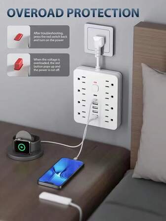 1 pieza Regleta de pared con 14 funciones y protección contra sobrecarga, toma de corriente con interruptor multifunción e indicador luminoso, 8 tomas de CA y 6 puertos USB (incluidos 2 puertos tipo C) - Diseño de cable suave para oficina, hogar o escuela