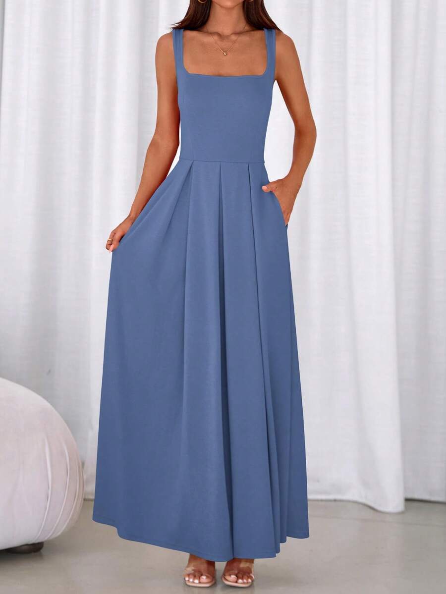 Women Summer Sleeveless Square Neck High Waist Flowy Long Dress Elegant Formal Wedding Guest Cocktail Valentine Long Maxi Dress Outfits - 灰藍色 - 查看 1
