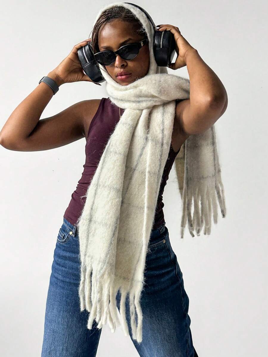 1 Stück Damen Winter Wollmischung Große & Dicke Überwurf Oversize Warmer Decken-Schal, Flauschiger Langer Schal mit Gittermuster und Quasten in kräftiger Farbe