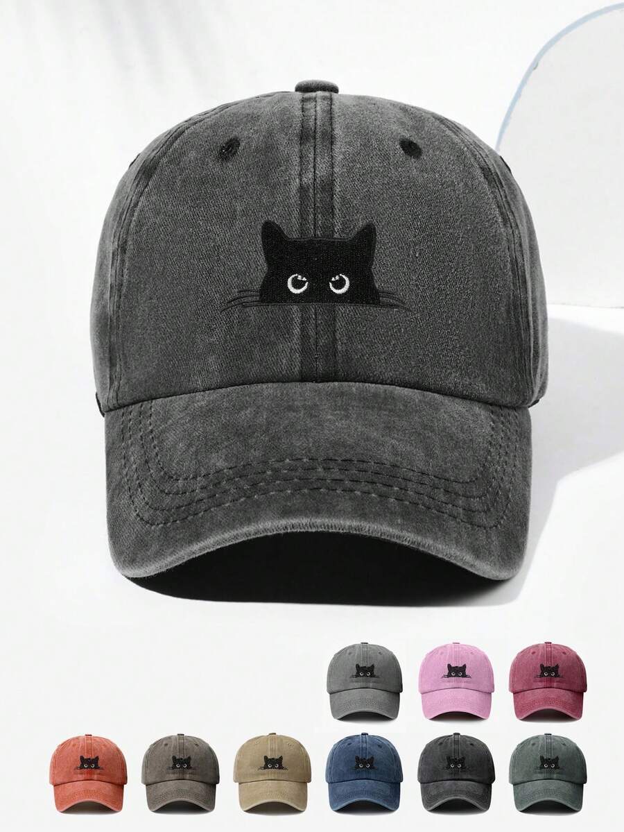 1 Stück Unisex Vintage bestickte schwarze Katze Baseballkappe, verstellbare Größe, modisch vielseitig, geeignet für Studium, Arbeit, Lässig, Outdoor, Sport, Hip-Hop, Trucker