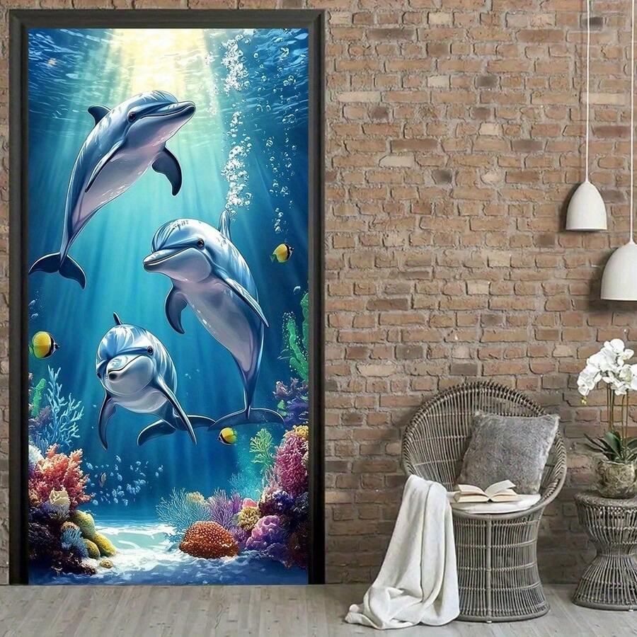 2D Flat Banner 1pc, 2D Door Banner, 1 Piece Dolphin Ocean Scene Door Banner - Vibrant Underwater Wall Art Featuring Leaping Dolphins, Coral Reefs And Fish, Easy To Install Polyester, For Indoor And Outdoor Parties And Home Decor, Ocean Theme Decoration, 2D Flat Zql