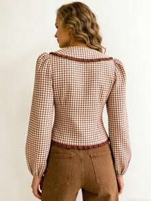 Women Y2k Babydoll Gingham Shirt Peter Pan Collar Long Sleeve Blouse Button Down Tops Cute Pleated T-Shirt - Cà phê nâu - Xem 7