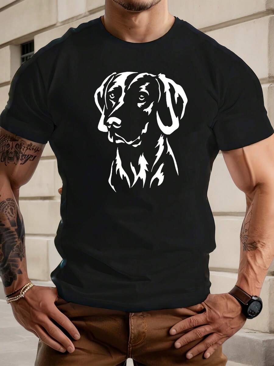 Lässiges Sommer--Shirt für Herren mit Hundemotiv - Rundhals-Kurzarm-Shirt.Atmungsaktive, normale Passform für Freizeitkleidung; Outdoor-Aktivitäten.Sommer--Shirts.Streetwear-Mode.Urbaner Streetstyle.Robuste Konstruktion.Bedrucktes Hemd.Streetwear-Liebhaber - Schwarz - Übersicht 1