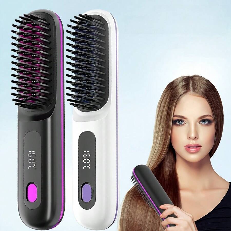 2025 New Hair Straightener Brush - Cordless Hair Straightening,Compact & Travel-Friendly With LED Display Anti-Scald Mini Hot Straightening Comb For Women - 白色 - 查看 1
