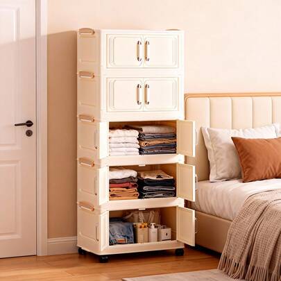 1pc (45cm/17.7in) - (60cm/23.6in) Width Foldable Storage Cabinet, Clothes Closet Storage Box, Home Storage Portable Wardrobe, Double Door Folding Box, 1-5 Layers Selectable, Thickened Double Door With Wheels Storage Cabinet, Home Use No-Assembly Storage Rack, Organizer For Clothes & Toys Plastic Folding Storage Cabinet