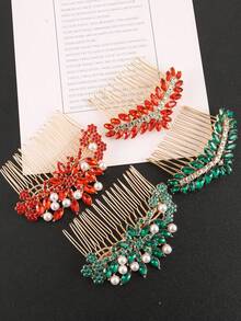 1个水晶叶形红绿节日派对发梳发夹，适用于侧梳、学校用品、大学、婚礼、发饰、新年魅力