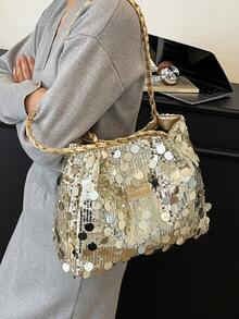 1pc Women's Fashion Solid Color Sequin Shoulder Bag, Portable Versatile Large Capacity Shoulder Tote Bag, Suitable For Dates, Work, Travel - Gold - View 6