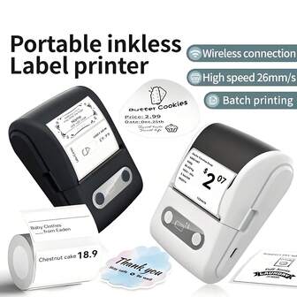 Impresora de etiquetas inalámbrica portátil - Alta velocidad 26 mm/seg, doble USB y alimentada por batería, adecuada para pequeñas empresas, escuelas, joyería, ropa, imprime códigos de barras y etiquetas de dirección, impresora de etiquetas inalámbrica, impresión multifunción, impresora moderna, estructura duradera