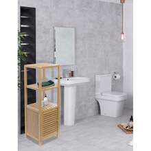 Bamboo 3-Tier Floor Organizer With Shutter Door, Freestanding Storage Tower For Bathroom, Bedroom, Kitchen, Laundry Room Natural Bamboo - Natural - View 4