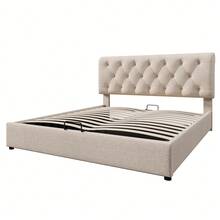 (=798075AAN) Hydraulic Double Upholstered Bed 160x200cm, Adjustable Headboard, Bed With Slatted Base Made Of Metal Frame, Modern Bed Frame With Storage Space, Natural, Mattress Included - Beige - View 9