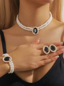 4pcs Women's Faux Pearl & Oval Crystal Jewelry Set (Necklace + Bracelet + Earrings) - Elegant Evening Jewelry