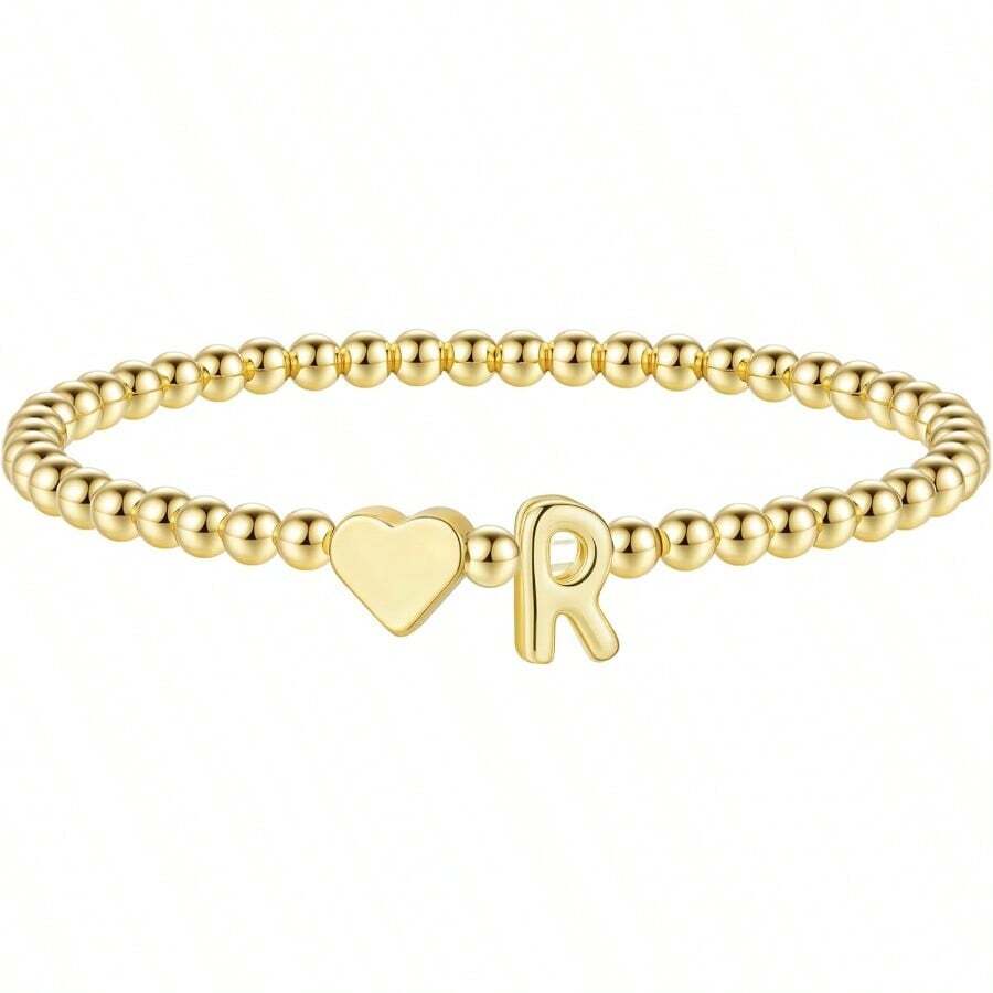 M MOOHAM Pulsera con inicial de corazón para mujer delicadas pulseras de abalorio doradas para mujer joyería de corazón persolizada con letras A-Z - R - Ver 1