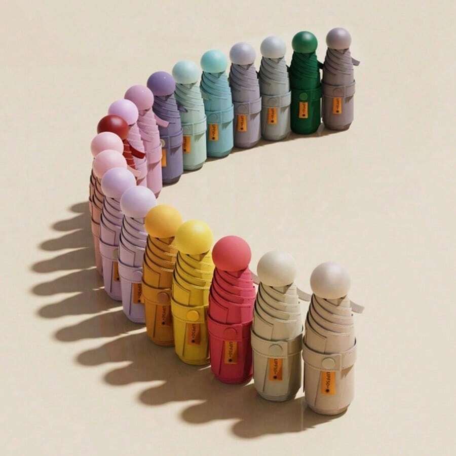 1pc Mini Multi-Color Folding Umbrella, Portable Pocket Umbrella For Sunny And Rainy Days, UV Protection, Suitable For Daily, Outdoor, Travel, Sports, Beach, Picnic, 6 Metal Ribs, Plastic Handle, Basic Style Parasol - Màu be nhạt - Xem 1