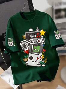复古机器人和游戏手柄印花套头衫，圆领短袖，适合夏秋穿着，新款男童服装