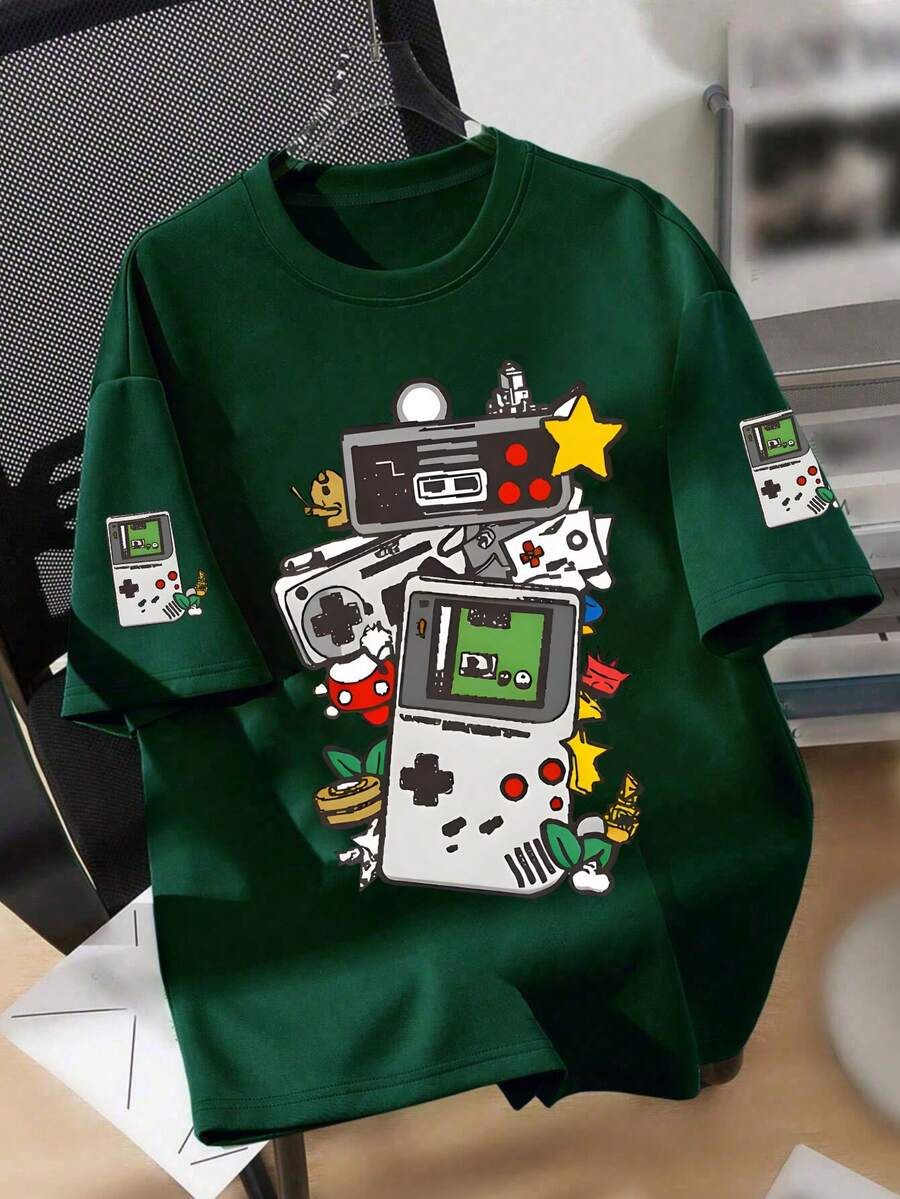 复古机器人和游戏手柄印花套头衫，圆领短袖，适合夏秋穿着，新款男童服装