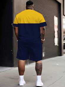 2pcs/Set Plus Size Men's Street Style Set, Yellow & Blue Contrast, RIDER 92 Numeric Print Short Sleeve T-Shirt + Shorts, American Casual Cool - Royal Blue - View 2