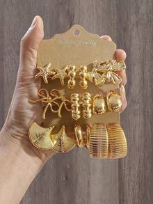 2-18件套时尚优雅轻盈蝴蝶结、海星、贝壳多元素女士耳环首饰，适合全年日常佩戴 - 金色 - 查看 7