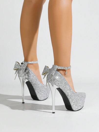 5.5 Inch (14cm) High Heel Women's Fashion Pumps, Thick Sole Design, Shiny Silver Material, Soft & Comfortable, Bowknot Stilettos, Elegant & Luxurious, Sexy High Heels, Single Strap Design, Stable Wear, Suitable For Weddings, Runway, Ladies' Galas, Dates, Parties And Nightclubs