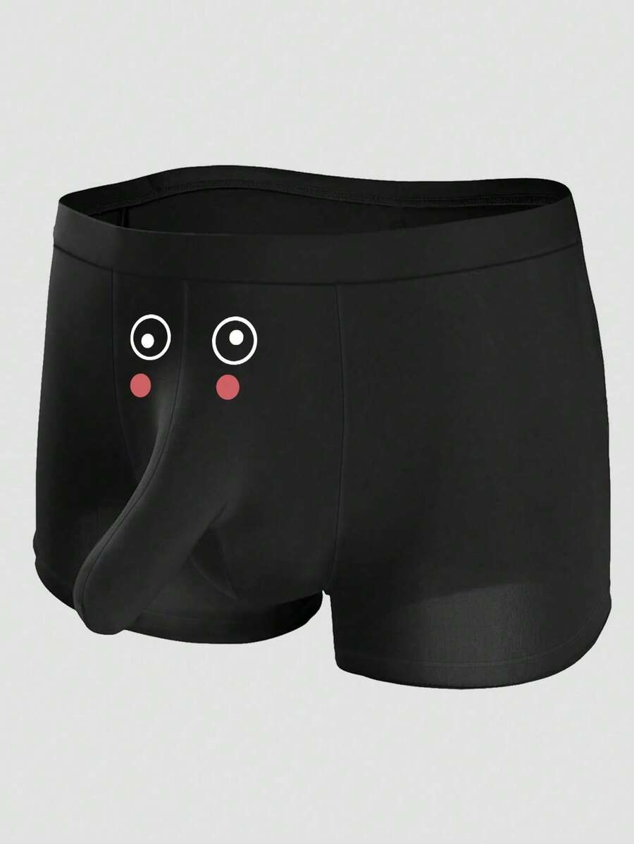 男士黑色性感可爱眼睛印花三角裤带袋，透气弹性日常内裤 - 黑色 - 查看 1