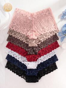 7pcs Women's Lace Patchwork Semi-Transparent Sexy Low-Rise Panties In Multiple Colors