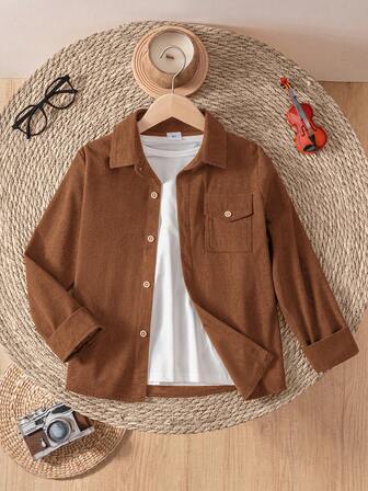 Young Boy Casual Corduroy Long Sleeve Shacket, Khaki