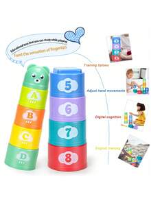 9pcs Baby Stacking Cups, Children's Sorting Scientific Educational Cognitive Enlightenment Learning Toys, Numeric & Alphabet Pattern Stacking Cups, Cartoon Bear, Attention & Recognition Training, Soft Building Blocks, 6 Months Baby Toys, Toddler Toys - Multicolor - View 3